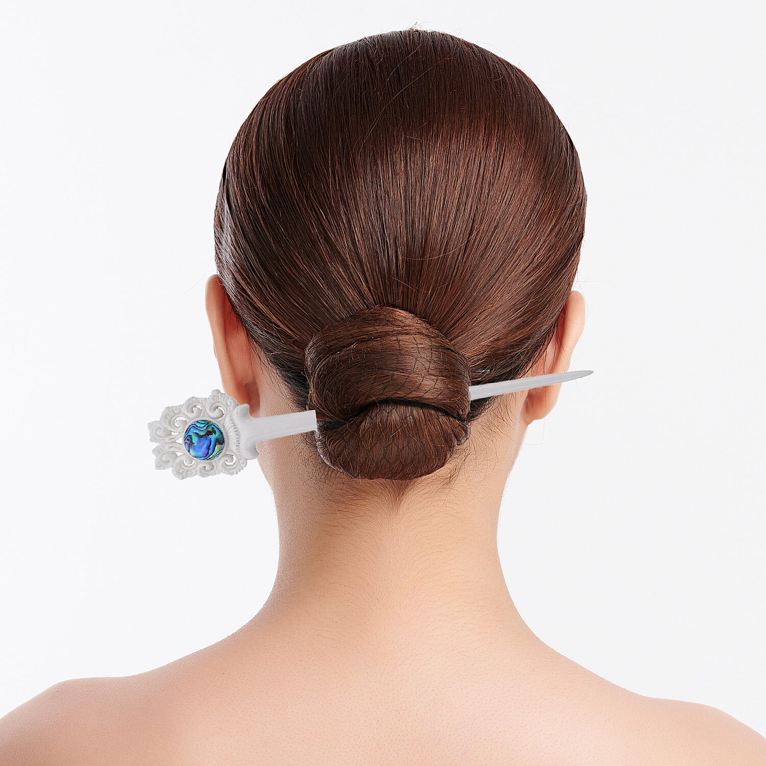 Bali Collection - Carved Bone Craft Hair Bun Holder (Size-15x3Cm) - White and Blue