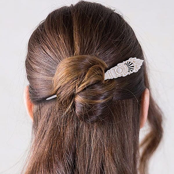 Bali Collection - Carved Bone Craft Hair Bun Holder (Size:15Cm) - White