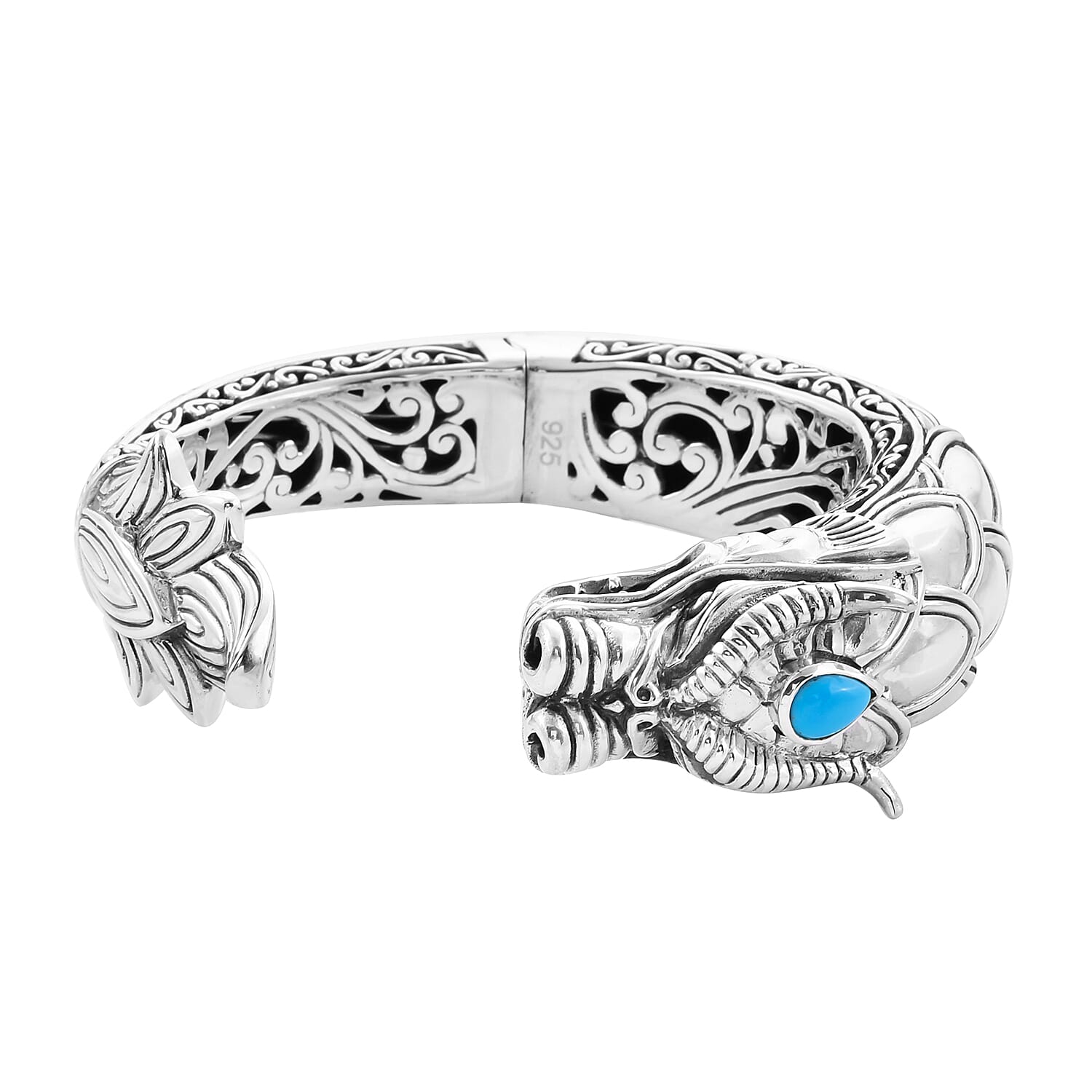 Royal Bali Collection - Arizona Sleeping Beauty Turquoise Dragon Hinged Cuff Bangle (Size 7.5) in Sterling Silver, Silver wt 97.00 Gms