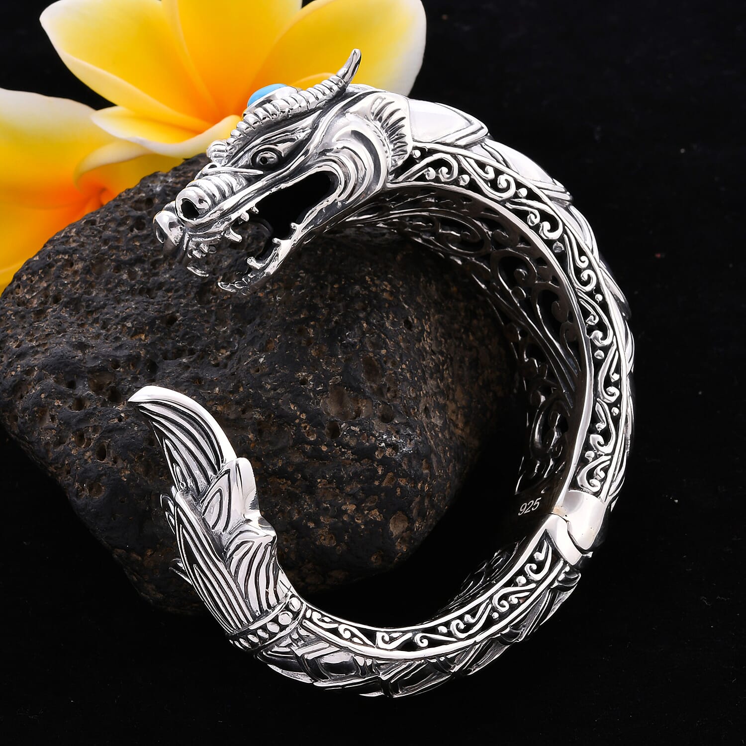 Royal Bali Collection - Arizona Sleeping Beauty Turquoise Dragon Hinged Cuff Bangle (Size 7.5) in Sterling Silver, Silver wt 97.00 Gms