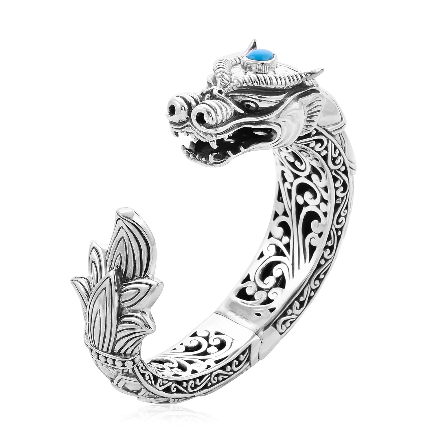 Royal Bali Collection - Arizona Sleeping Beauty Turquoise Dragon Hinged Cuff Bangle (Size 7.5) in Sterling Silver, Silver wt 97.00 Gms