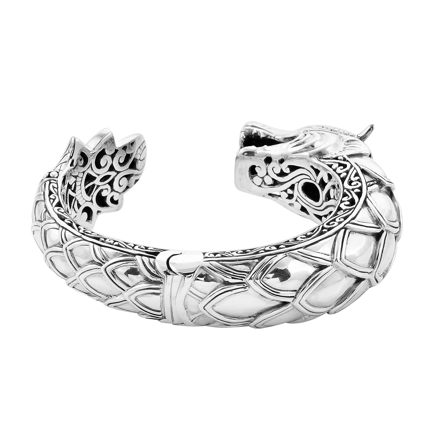 Royal Bali Collection - Arizona Sleeping Beauty Turquoise Dragon Hinged Cuff Bangle (Size 7.5) in Sterling Silver, Silver wt 97.00 Gms