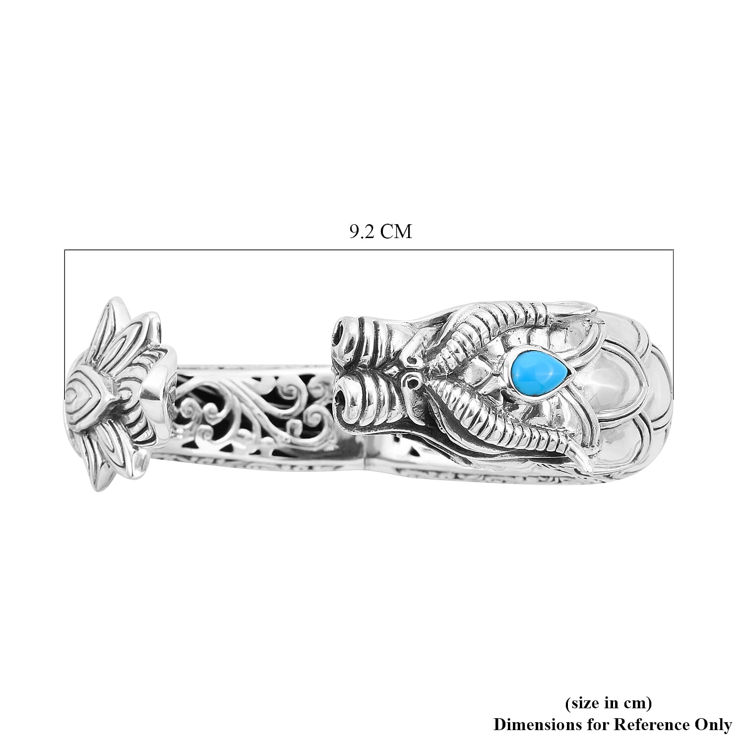 Royal Bali Collection - Arizona Sleeping Beauty Turquoise Dragon Hinged Cuff Bangle (Size 7.5) in Sterling Silver, Silver wt 97.00 Gms