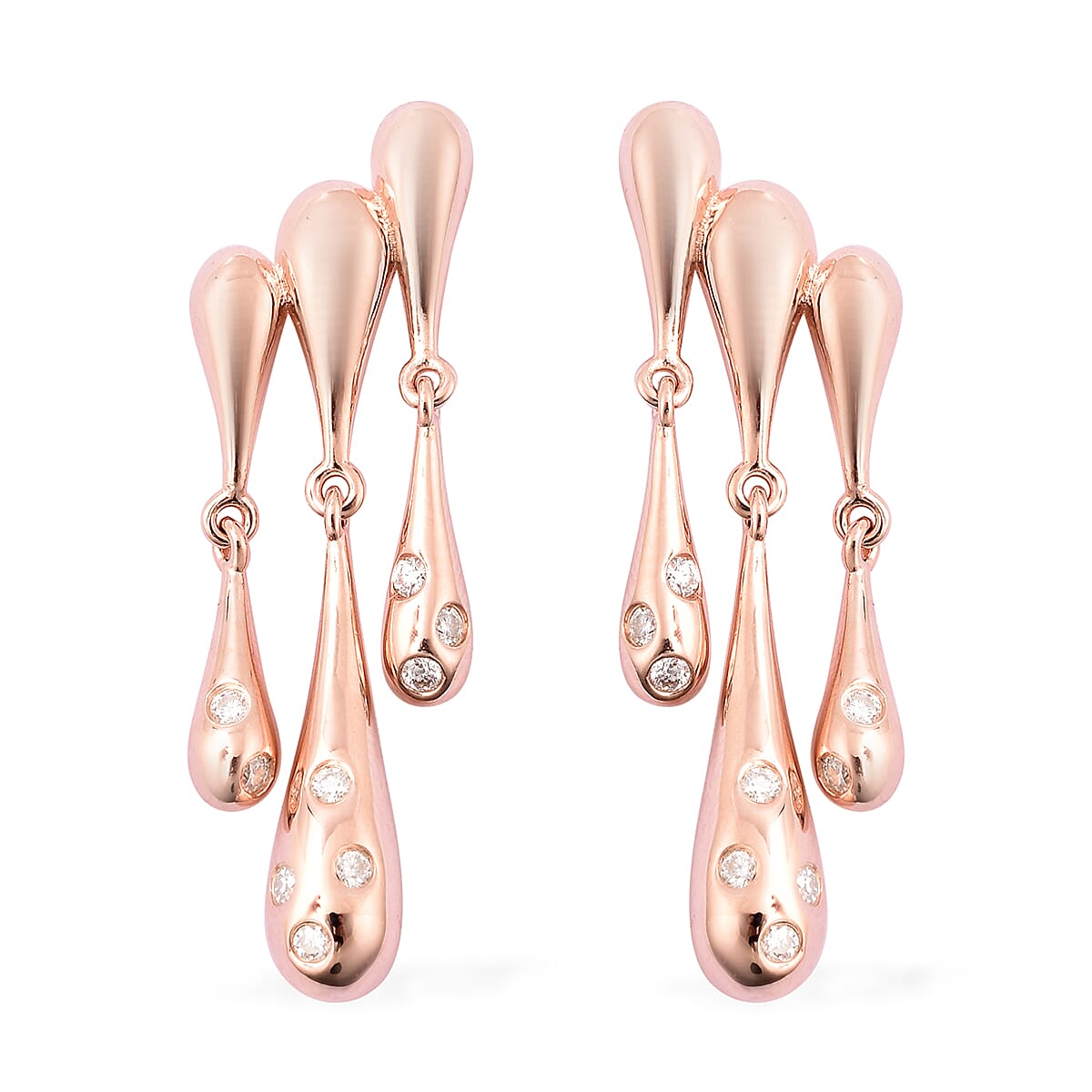 LucyQ Drip Collection - White Moissanite Earrings (with Push Back) in Rose Gold Overlay Sterling Silver, Silver wt. 9.84 Gms