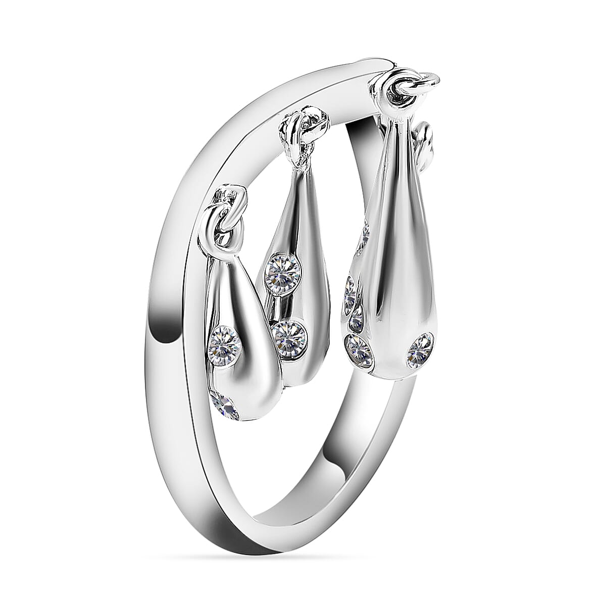 LucyQ Drip Collection - Moissanite Dangling Ring in Rhodium Overlay Sterling Silver