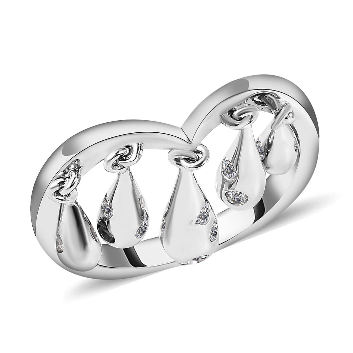 LucyQ Drip Collection - Moissanite Dangling Ring in Rhodium Overlay Sterling Silver
