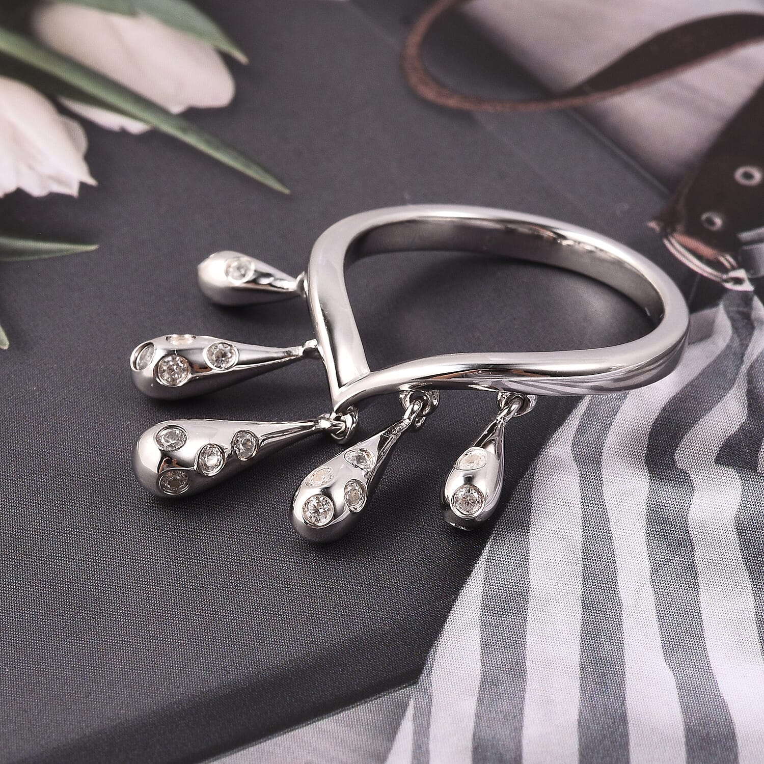 LucyQ Drip Collection - Moissanite Dangling Ring in Rhodium Overlay Sterling Silver