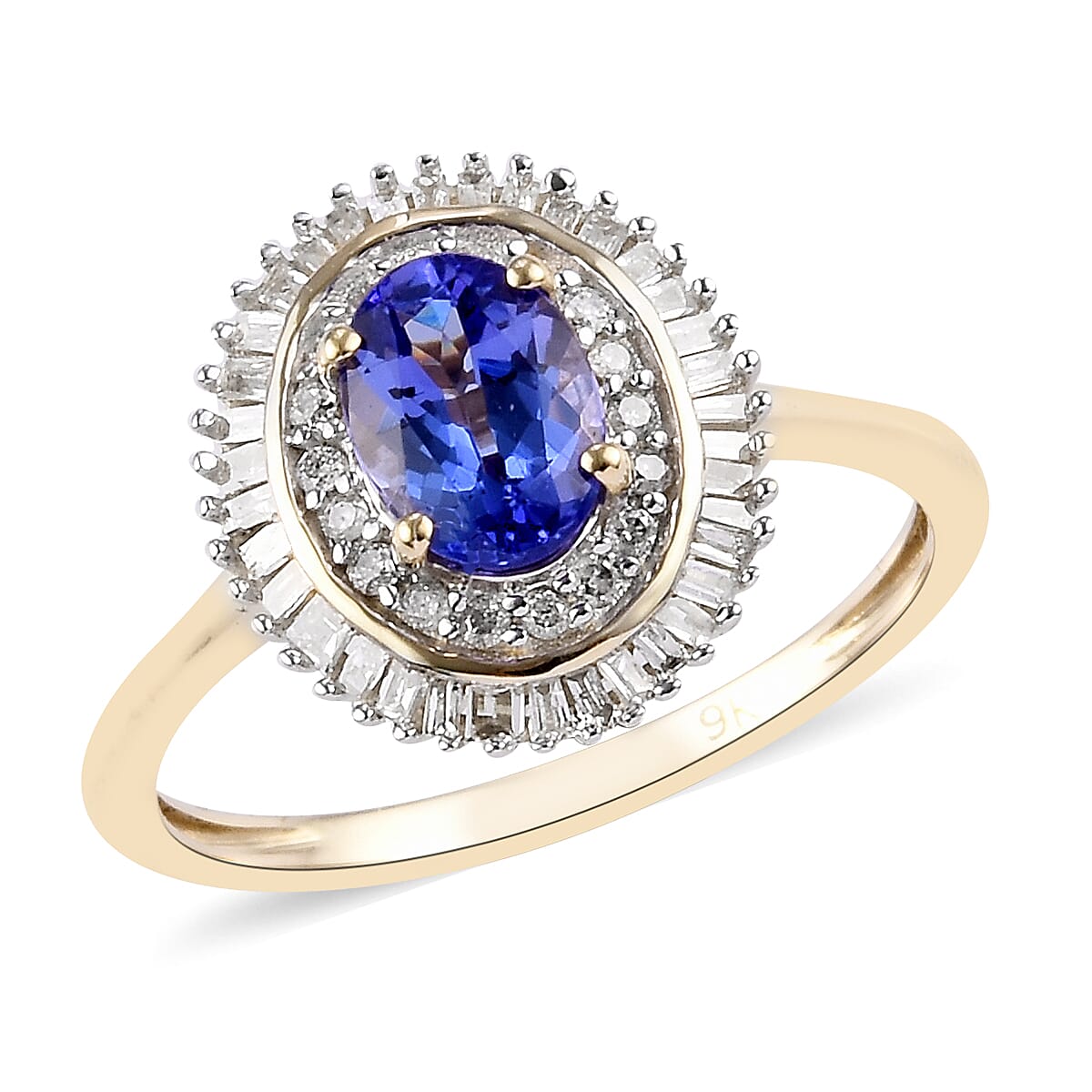 9K Yellow Gold AAA Tanzanite and Diamond Ring 1.10  Ct.