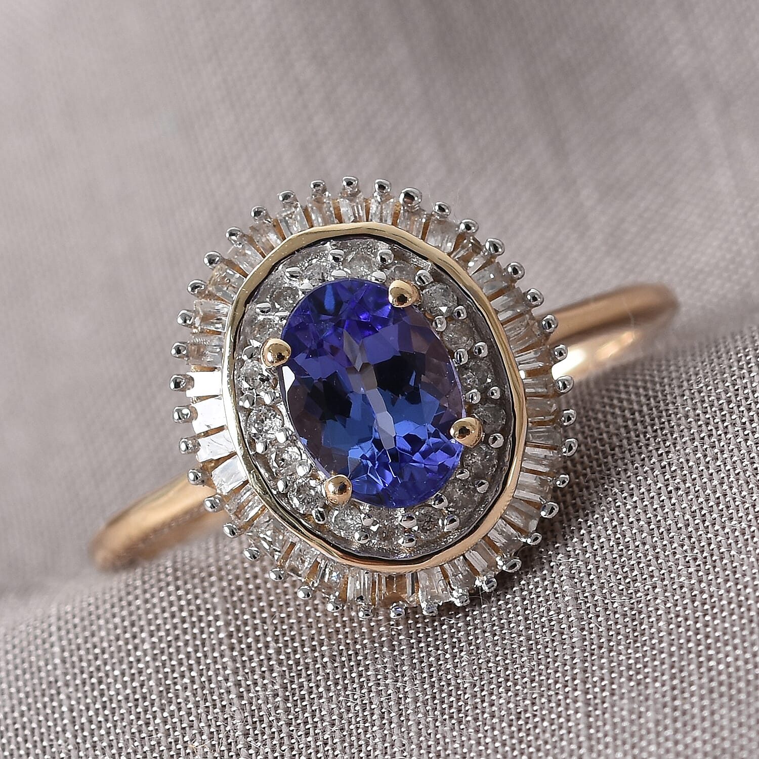 9K Yellow Gold AAA Tanzanite and Diamond Ring 1.10  Ct.