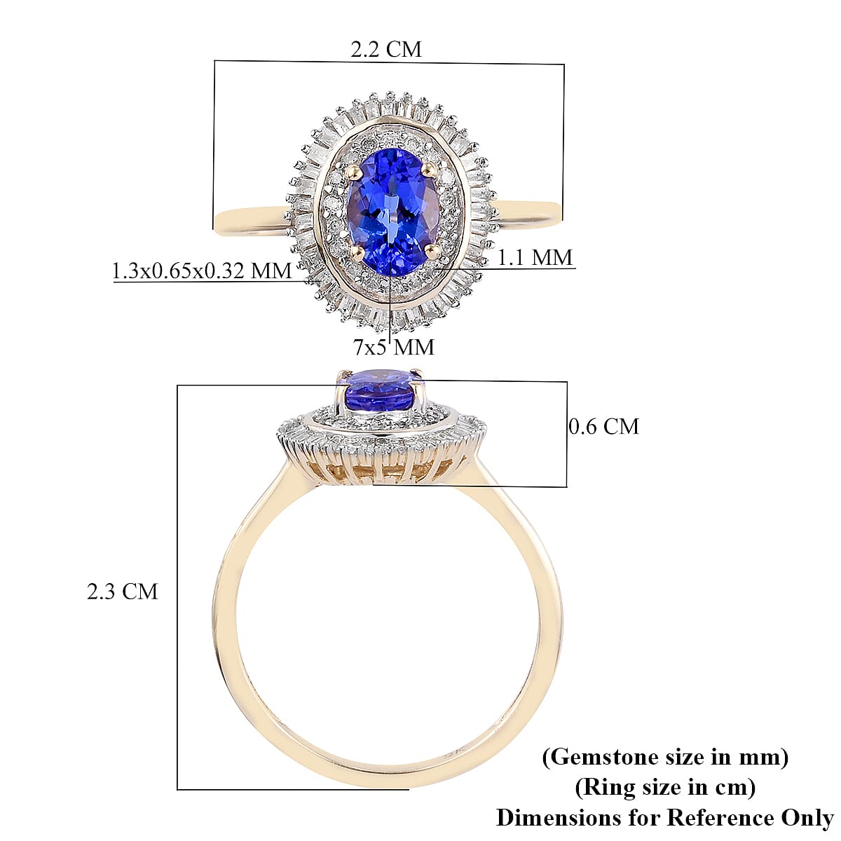 9K Yellow Gold AAA Tanzanite and Diamond Ring 1.10  Ct.