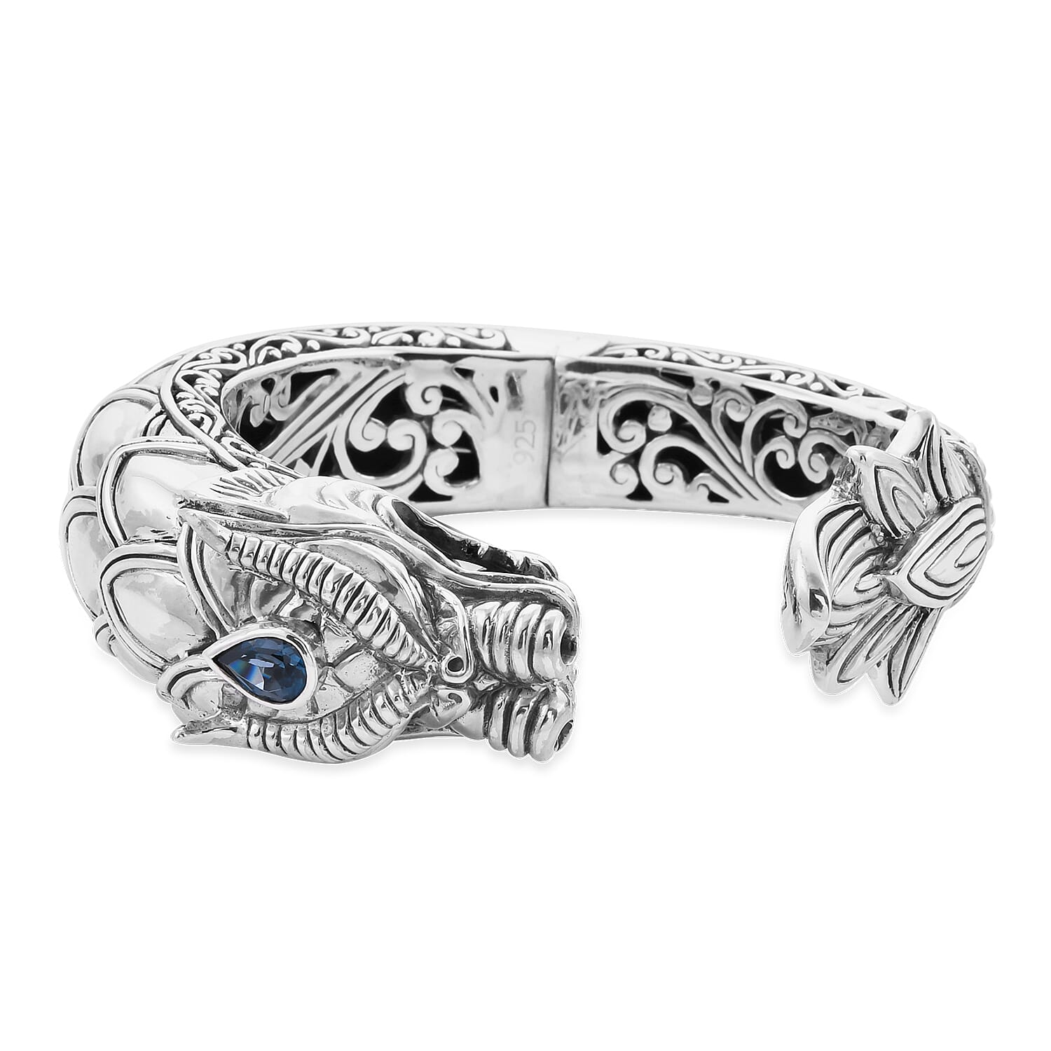 Royal Bali Collection - London Blue Topaz Dragon Head Bangle (Size 7.5) in Sterling Silver Sliver Wt. 97.00 Gms