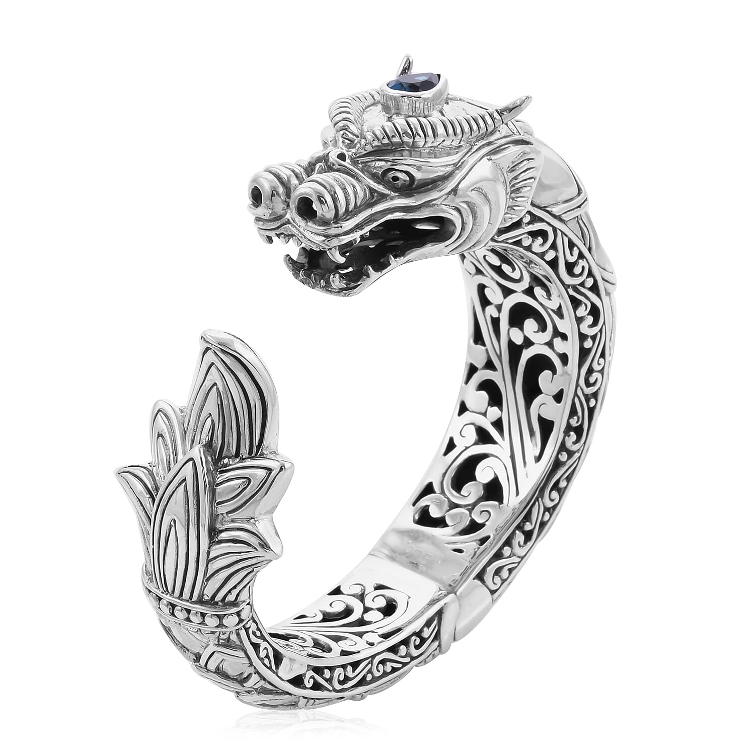 Royal Bali Collection - London Blue Topaz Dragon Head Bangle (Size 7.5) in Sterling Silver Sliver Wt. 97.00 Gms