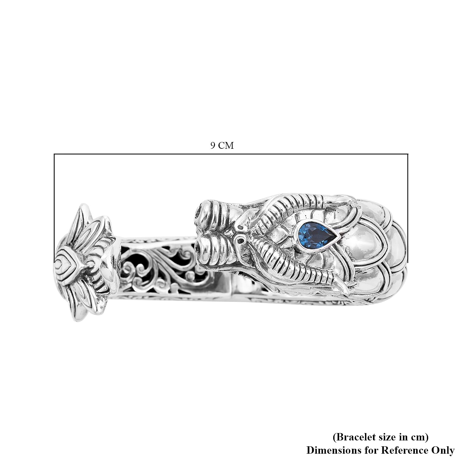 Royal Bali Collection - London Blue Topaz Dragon Head Bangle (Size 7.5) in Sterling Silver Sliver Wt. 97.00 Gms