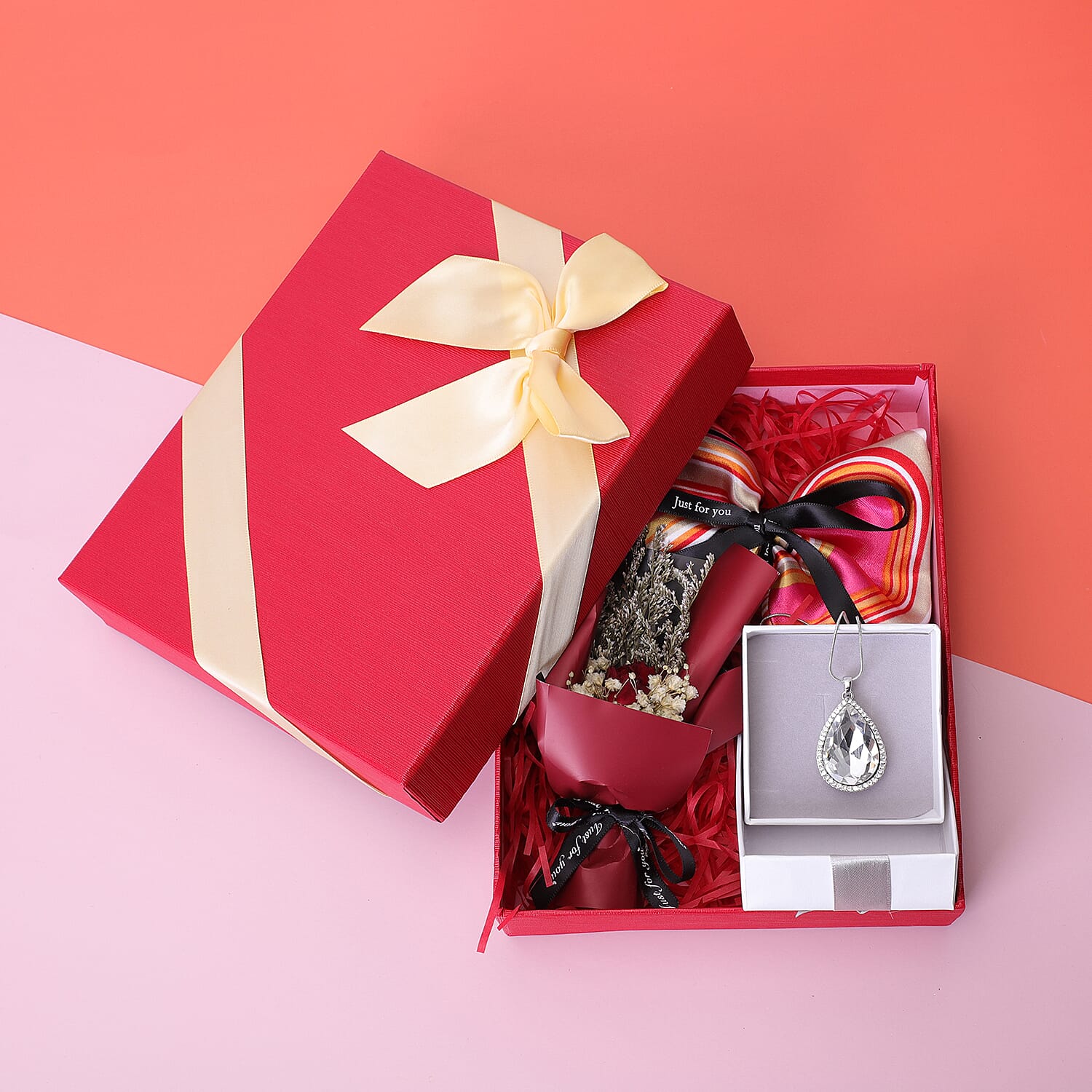 3 Piece Set - Simulated Diamond, White Austrian Crystal Pendant with Chain (Size 24 with 3 inch Extender) in Silver Tone & Fuchsia with Multi Colour Scarf (Size 50 Cm) in Gift Box