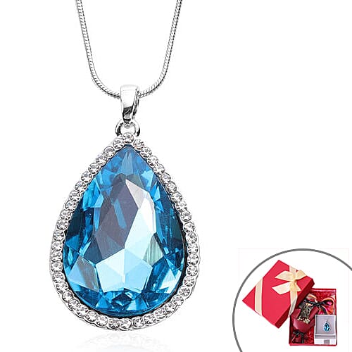3 Piece Set -Simulated Sky Blue Topaz, Austrian Crystal Pendant with Chain (Size 24 with 3 inch Extender) in Silver Tone & Fuchsia with Multi Colour Scarf (Size 50 Cm) in Gift Box