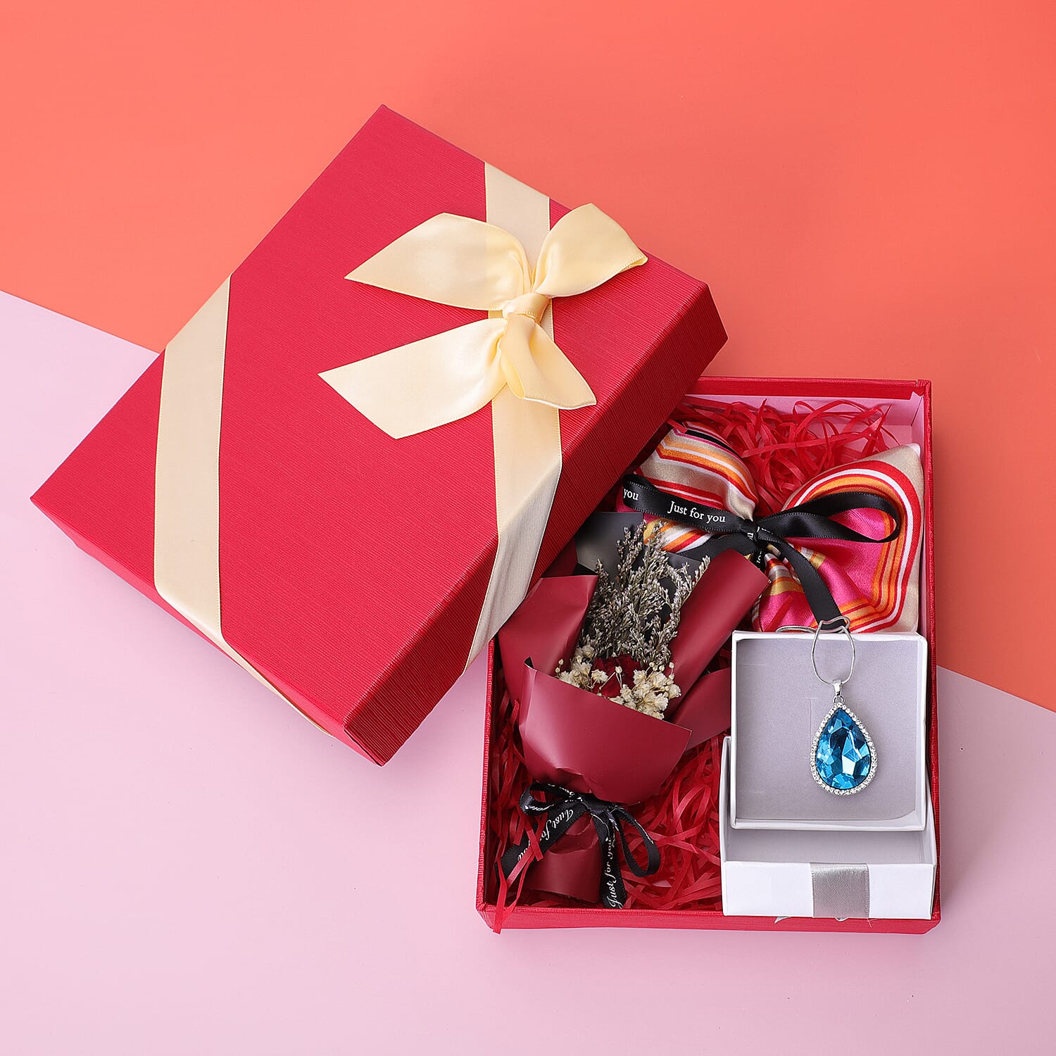 3 Piece Set -Simulated Sky Blue Topaz, Austrian Crystal Pendant with Chain (Size 24 with 3 inch Extender) in Silver Tone & Fuchsia with Multi Colour Scarf (Size 50 Cm) in Gift Box