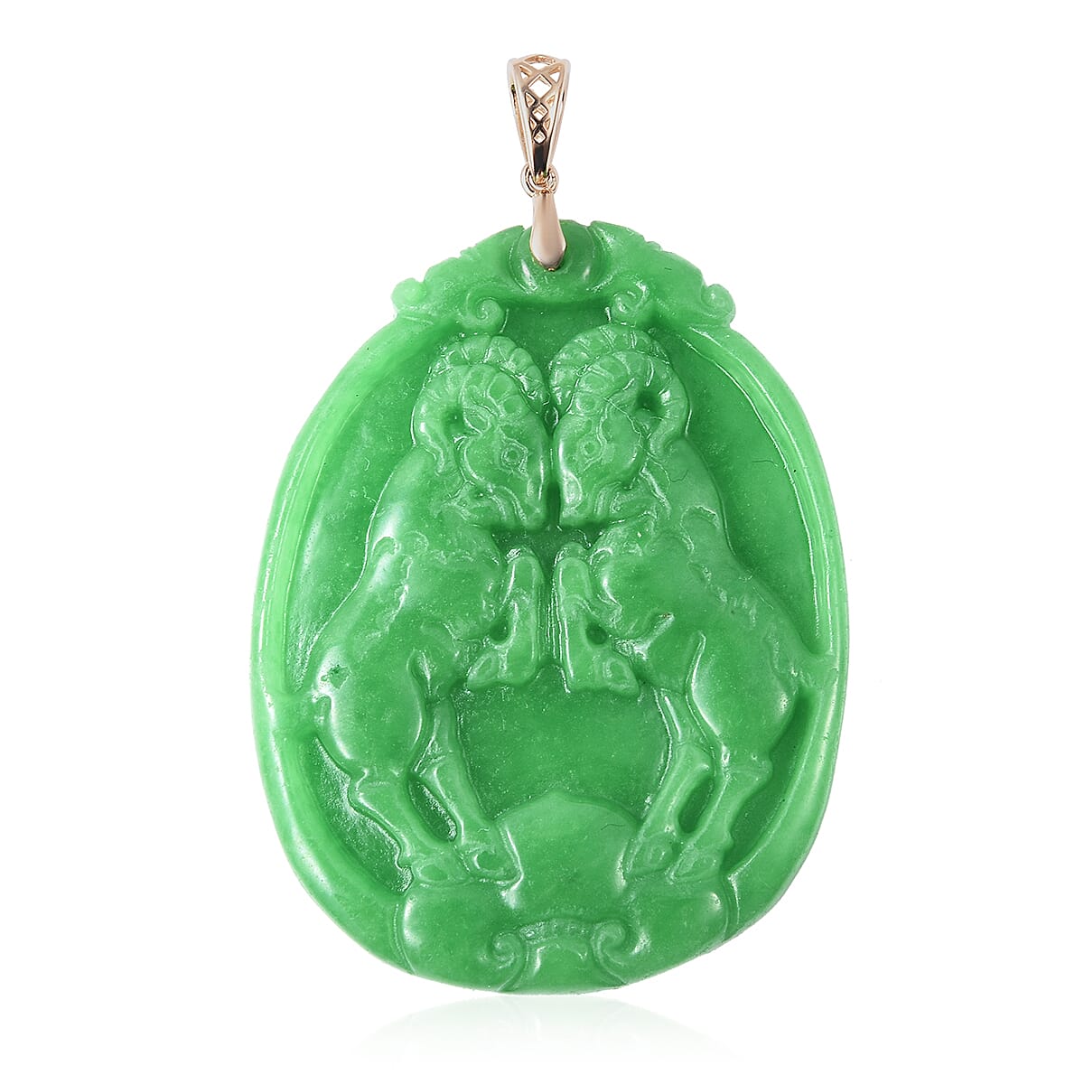 9K Yellow Gold Carved Green Jade Goat Pendant 112.00 Ct.