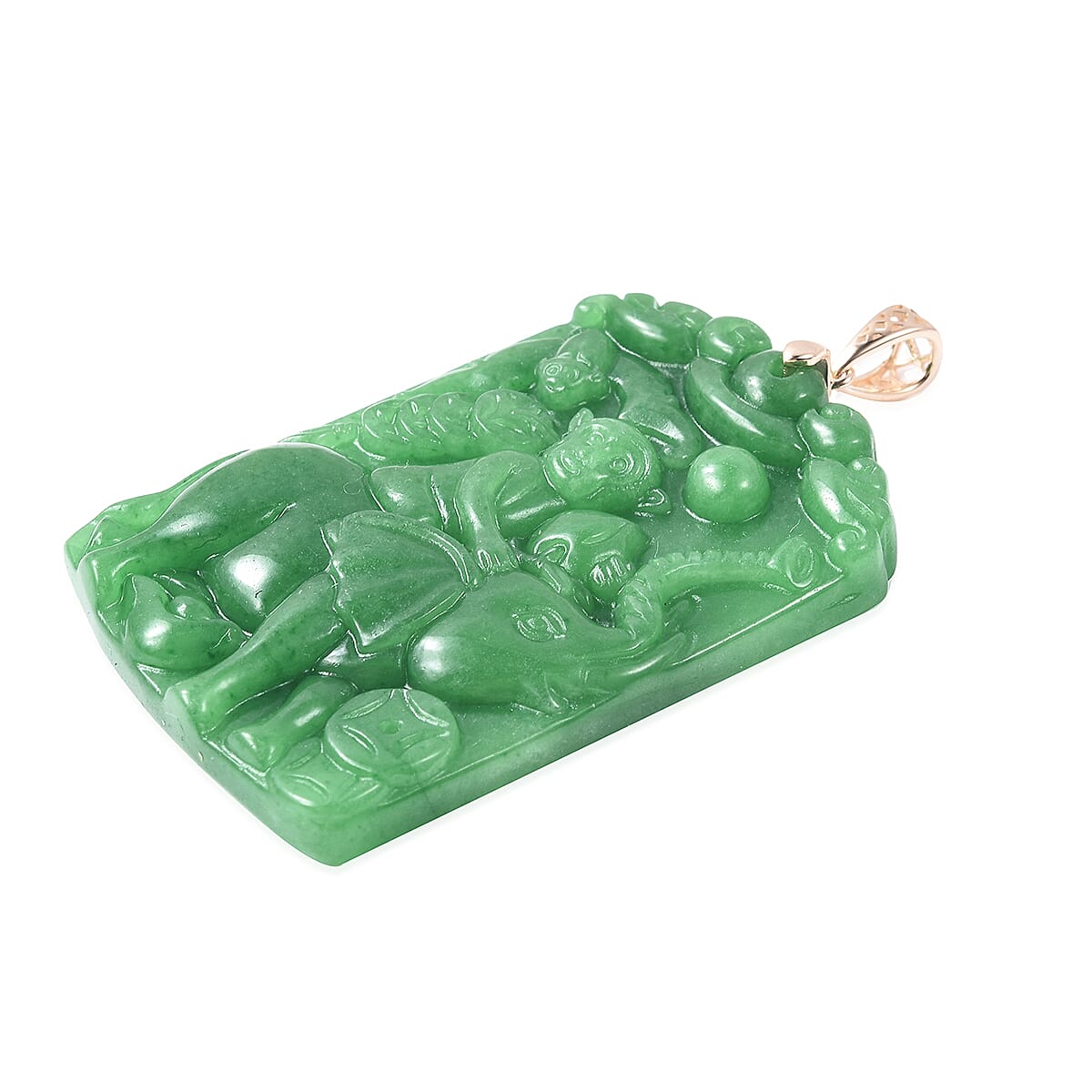 9K Yellow Gold Carved Green Jade Monkey on Elephant Pendant 95.00 Ct.