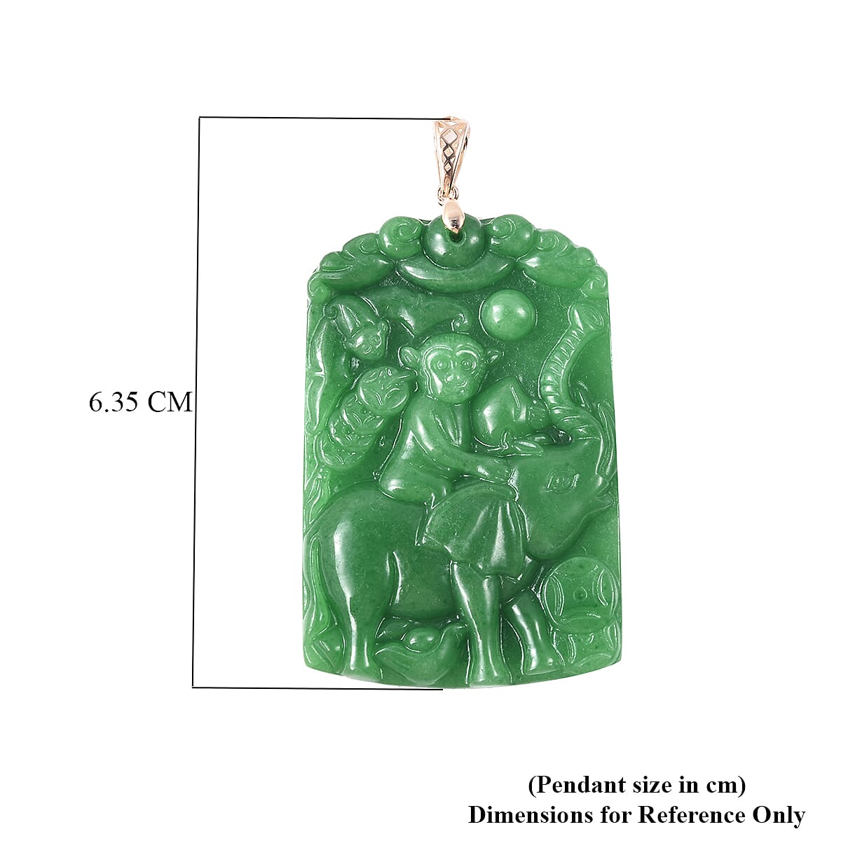 9K Yellow Gold Carved Green Jade Monkey on Elephant Pendant 95.00 Ct.