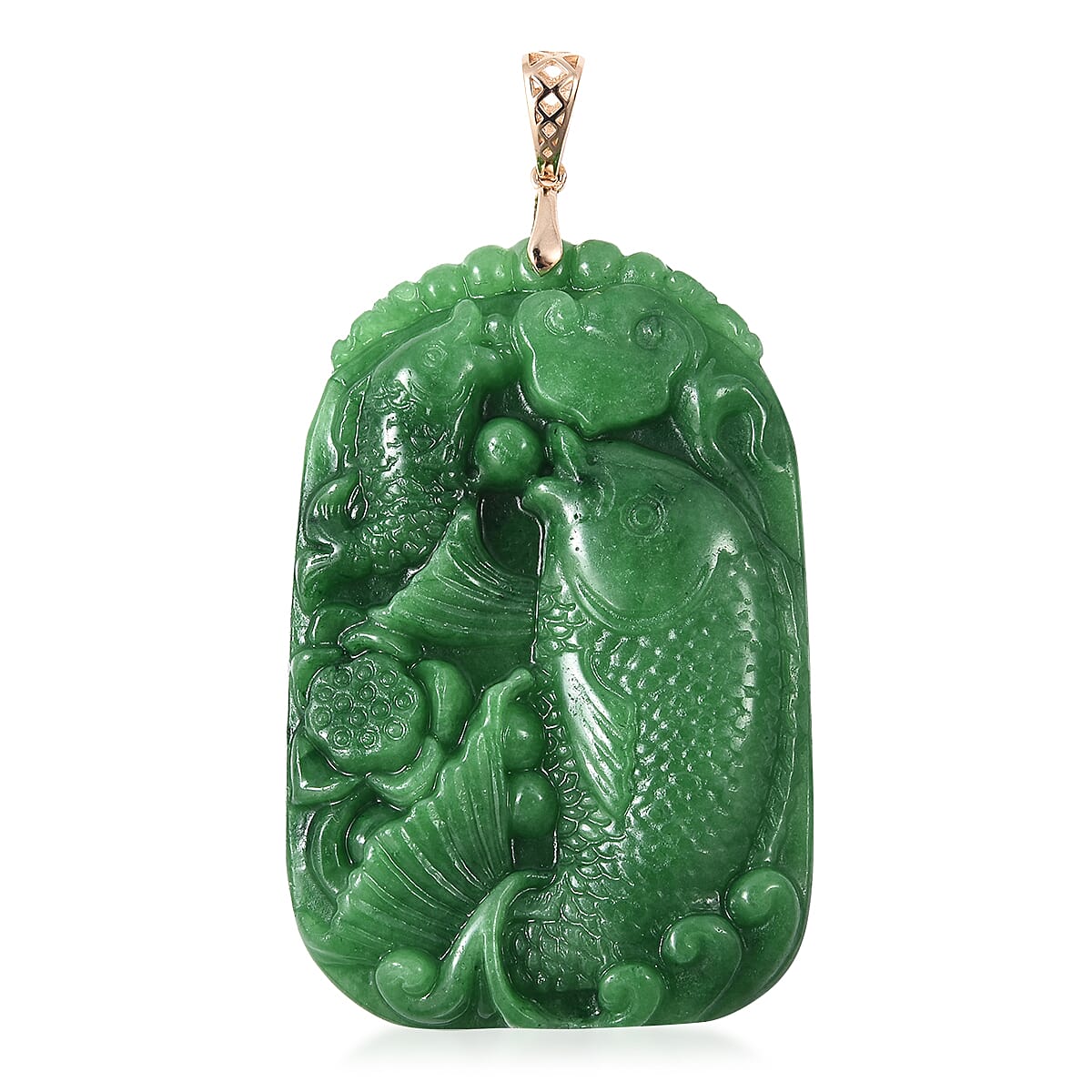 9K Yellow Gold Carved Green Jade Fish Pendant 110.00 Ct.