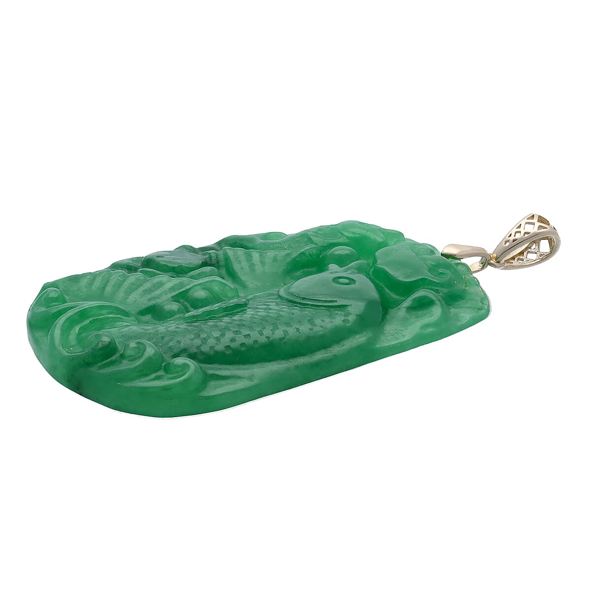 9K Yellow Gold Carved Green Jade Fish Pendant 110.00 Ct.