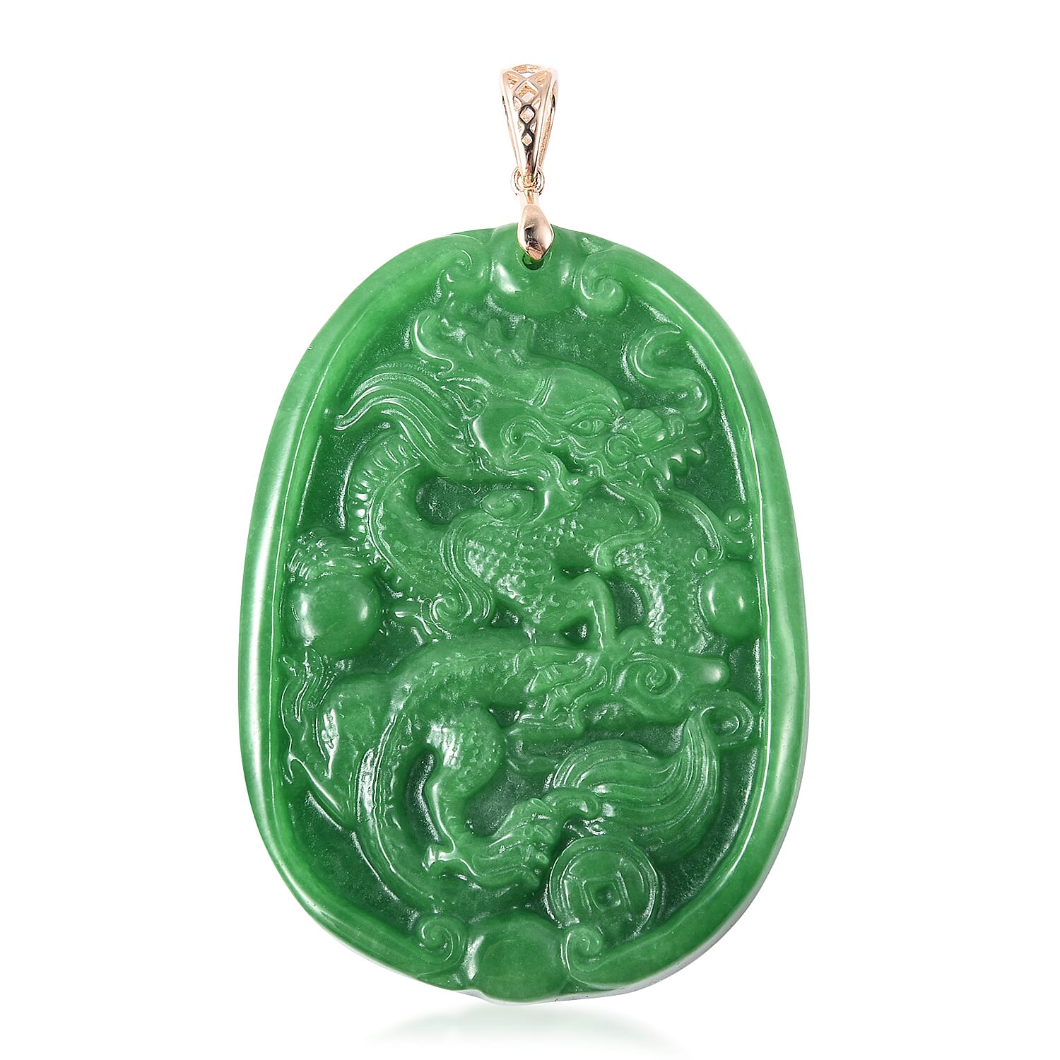 9K Yellow Gold Carved Green Jade Dragon Pendant 119.00 Ct.