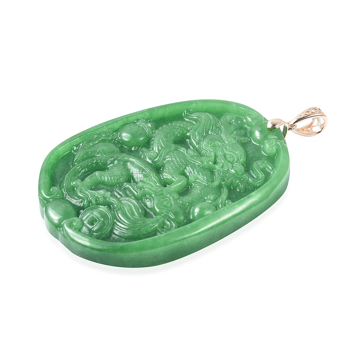 9K Yellow Gold Carved Green Jade Dragon Pendant 119.00 Ct.