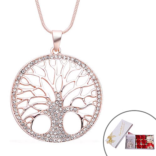 White Austrian Crystal Tree-of-Life Pendant with Chain in Rose Gold Tone