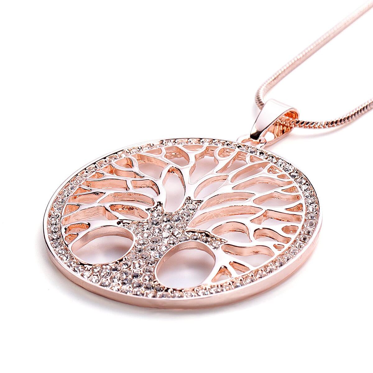 White Austrian Crystal Tree-of-Life Pendant with Chain in Rose Gold Tone