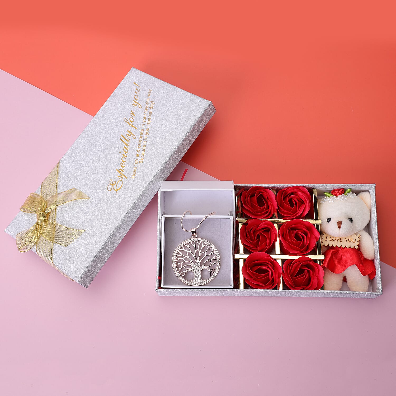 White Austrian Crystal Tree-of-Life Pendant with Chain in Rose Gold Tone