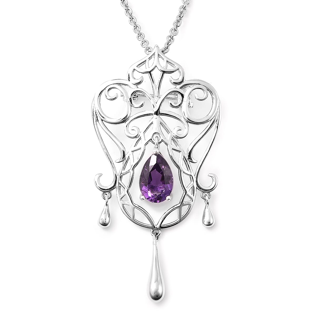 LucyQ Victorian Era Lace Collection - Amethyst Brooch or Pendant With Chain (Size 20) in Rhodium Overlay Sterling Silver, Silver wt. 10.69 Gms