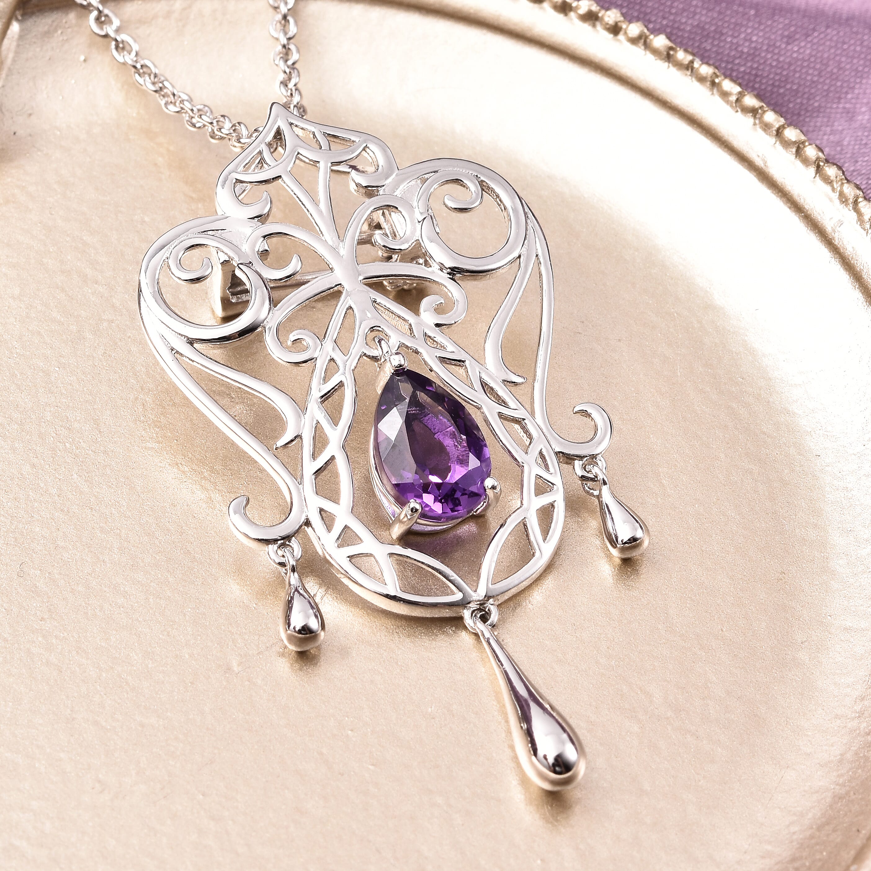 LucyQ Victorian Era Lace Collection - Amethyst Brooch or Pendant With Chain (Size 20) in Rhodium Overlay Sterling Silver, Silver wt. 10.69 Gms