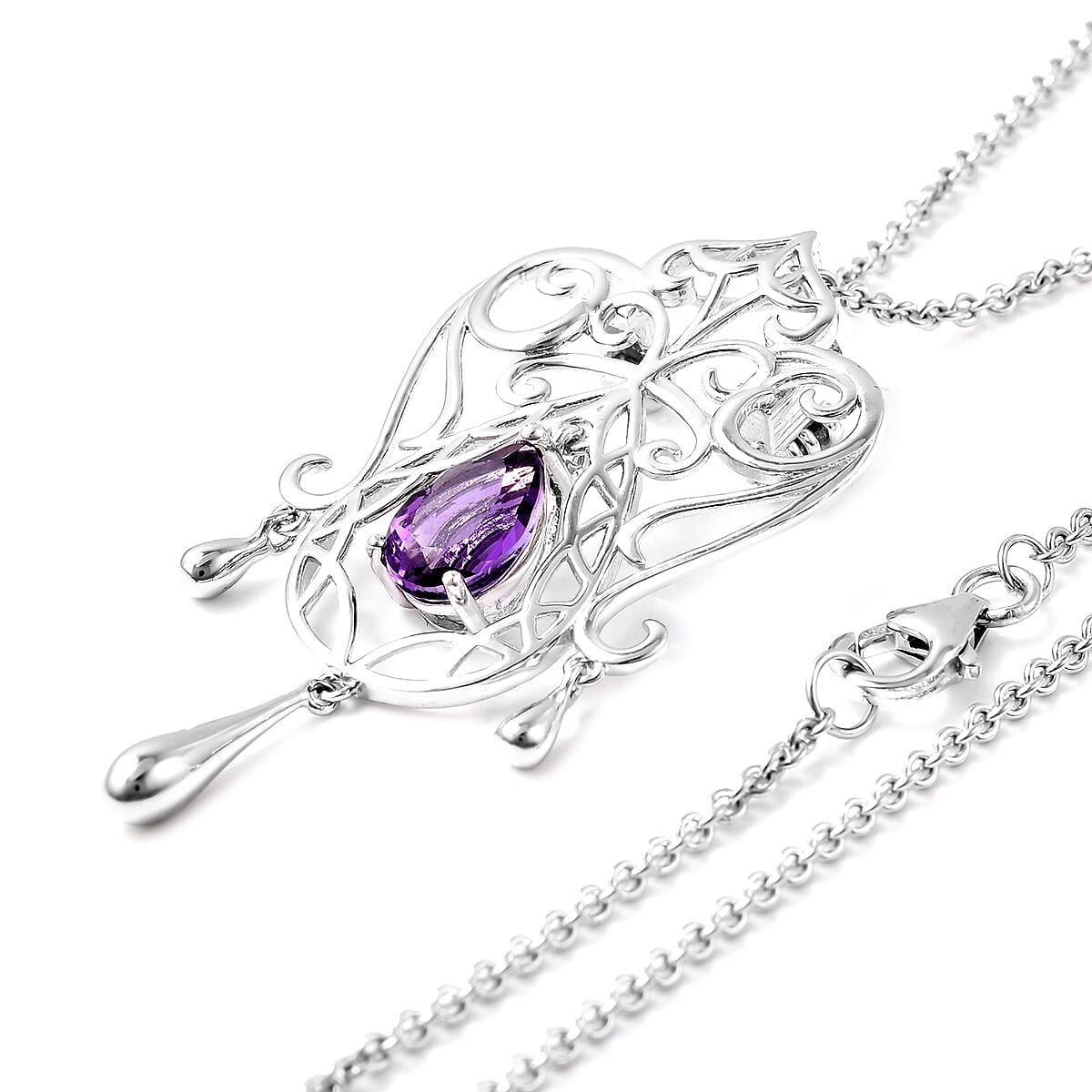 LucyQ Victorian Era Lace Collection - Amethyst Brooch or Pendant With Chain (Size 20) in Rhodium Overlay Sterling Silver, Silver wt. 10.69 Gms