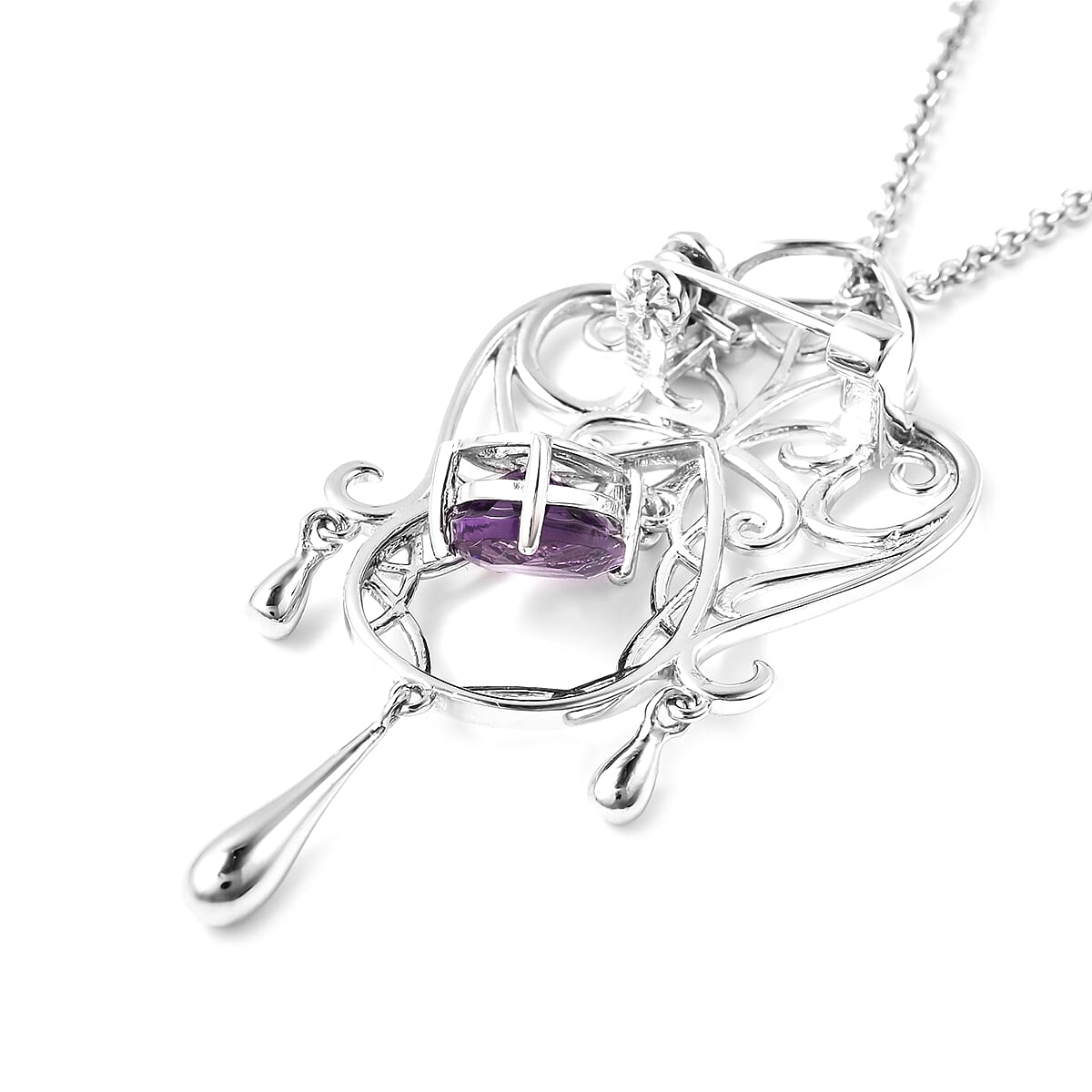 LucyQ Victorian Era Lace Collection - Amethyst Brooch or Pendant With Chain (Size 20) in Rhodium Overlay Sterling Silver, Silver wt. 10.69 Gms