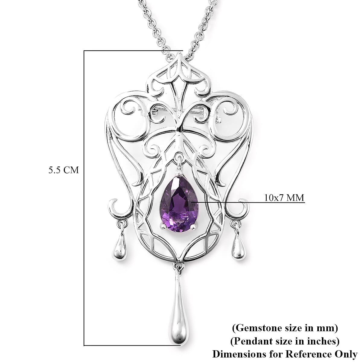 LucyQ Victorian Era Lace Collection - Amethyst Brooch or Pendant With Chain (Size 20) in Rhodium Overlay Sterling Silver, Silver wt. 10.69 Gms