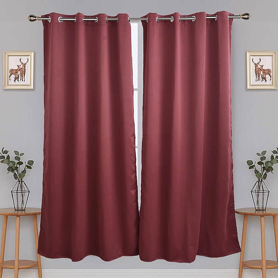 2 Piece Set - Blackout Curtains with Metal Eyelets (Size 140x240cm/Curtain) - Rosewood Colour