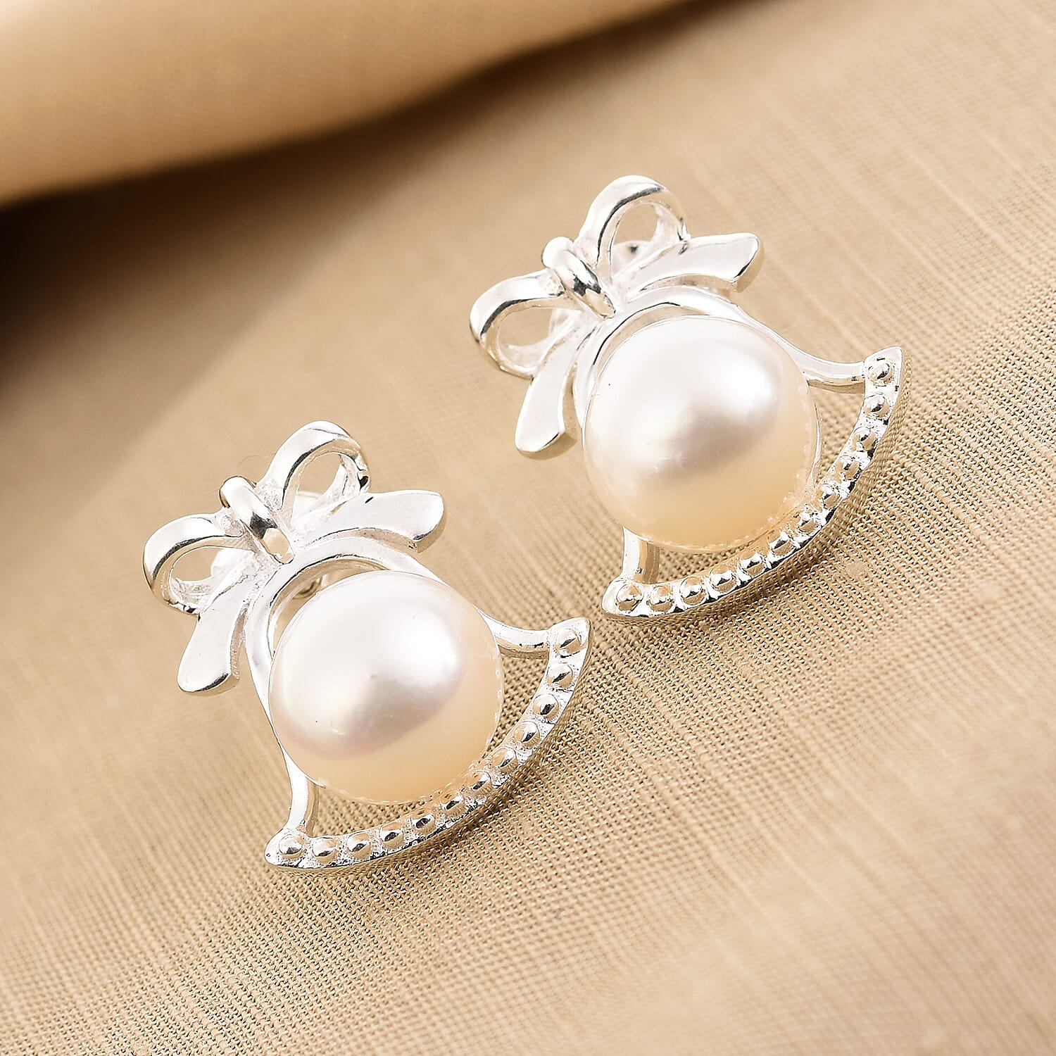 Freshwater Pearl Bell Stud Earrings in Sterling Silver