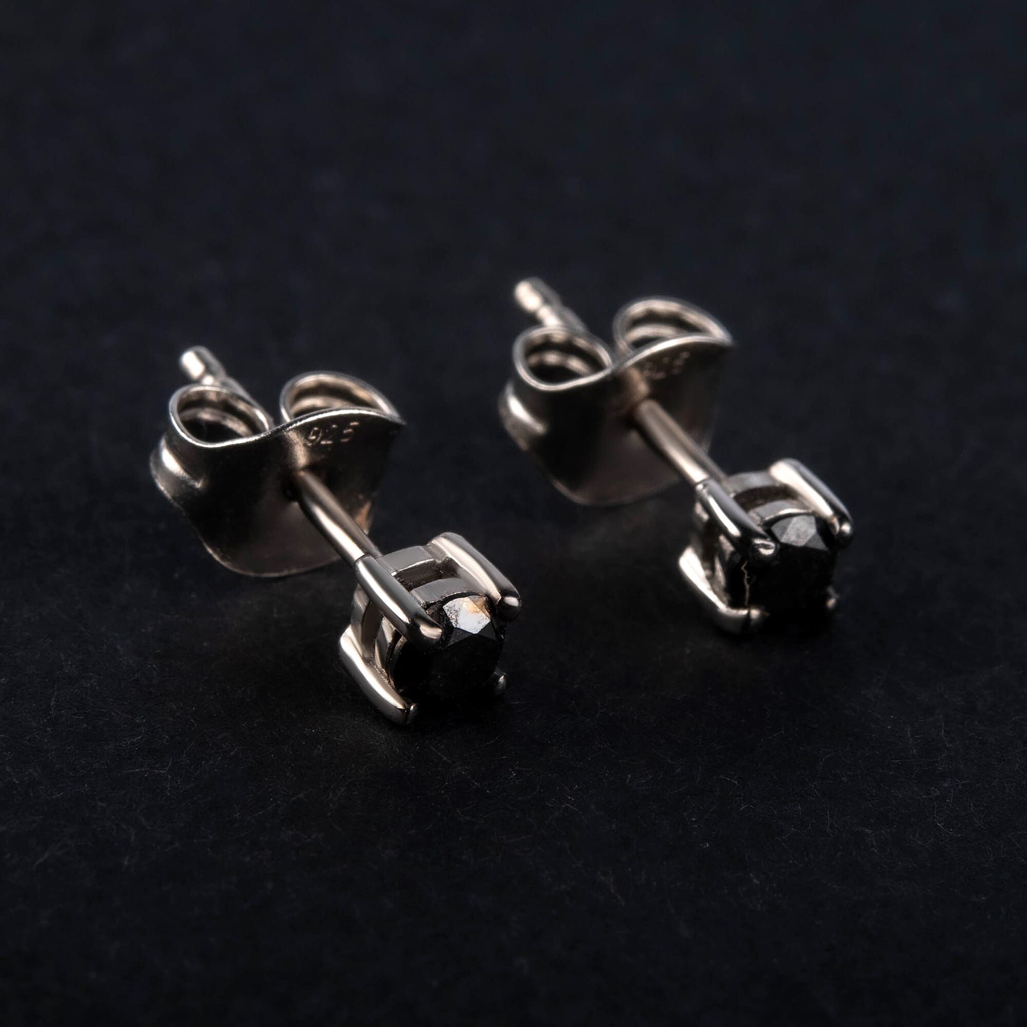 Black Diamond Stud Earrings (with Push Back) in Sterling Silver