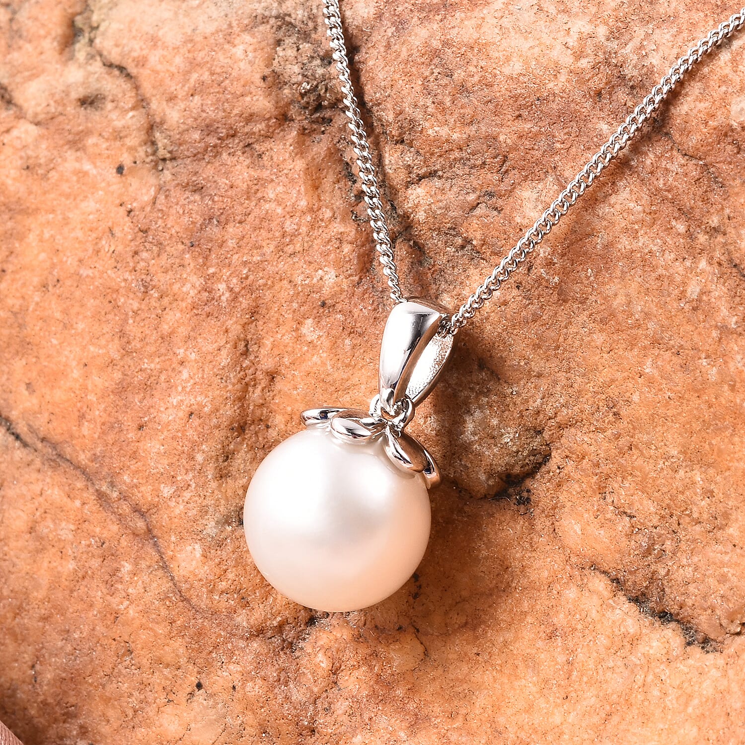 Galatea Pearl - Edison Momento Talking Pearl Pendant With Chain (Size 18) in Rhodium Overlay Sterling Silver