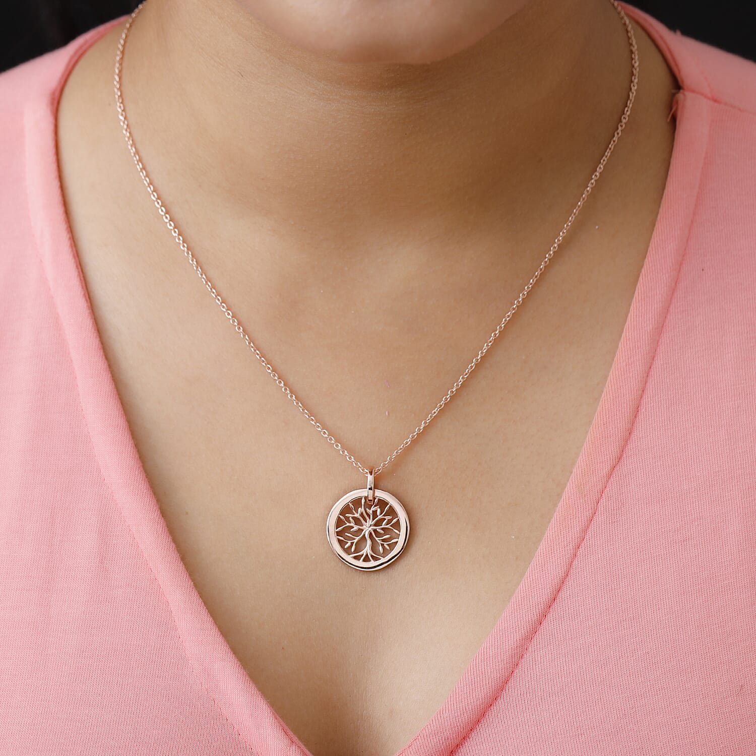 Rose Gold Overlay Sterling Silver Tree of Life Pendant with Chain (Size 20), Silver Wt. 5.35 Gms