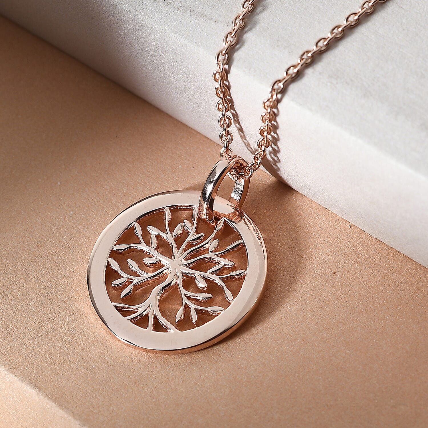 Rose Gold Overlay Sterling Silver Tree of Life Pendant with Chain (Size 20), Silver Wt. 5.35 Gms