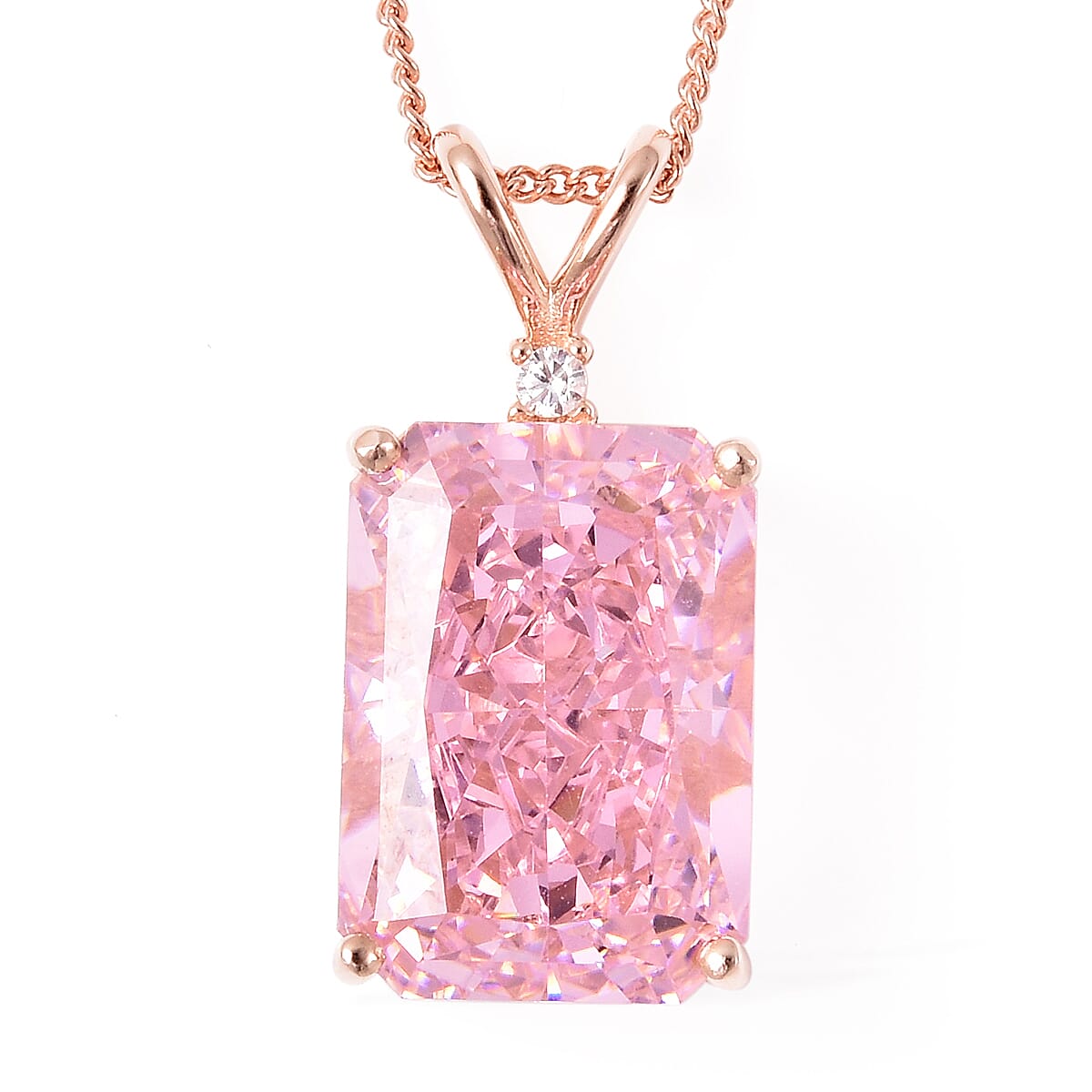 ELANZA Simulated Pink Sapphire and Simulated Diamond Pendant With Chain in Rose Gold Overlay Sterling Silver, Silver wt. 8.74 Gms