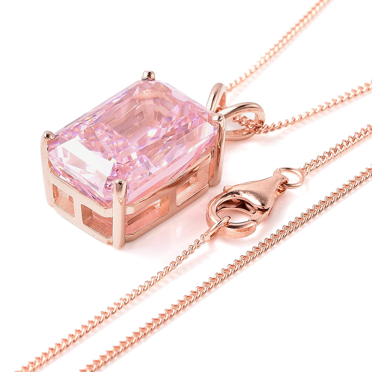 ELANZA Simulated Pink Sapphire and Simulated Diamond Pendant With Chain in Rose Gold Overlay Sterling Silver, Silver wt. 8.74 Gms