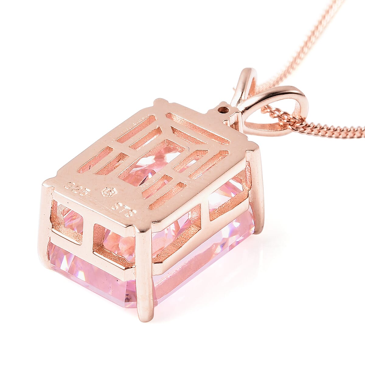 ELANZA Simulated Pink Sapphire and Simulated Diamond Pendant With Chain in Rose Gold Overlay Sterling Silver, Silver wt. 8.74 Gms