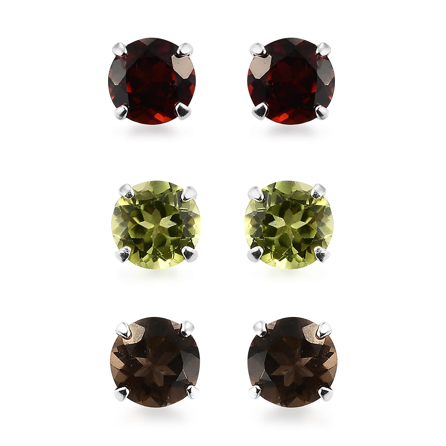 Set of 3 - Hebei Peridot, Mozambique Garnet, Brazilian Smoky Quartz Stud Earrings (with Push Back) in Sterling Silver