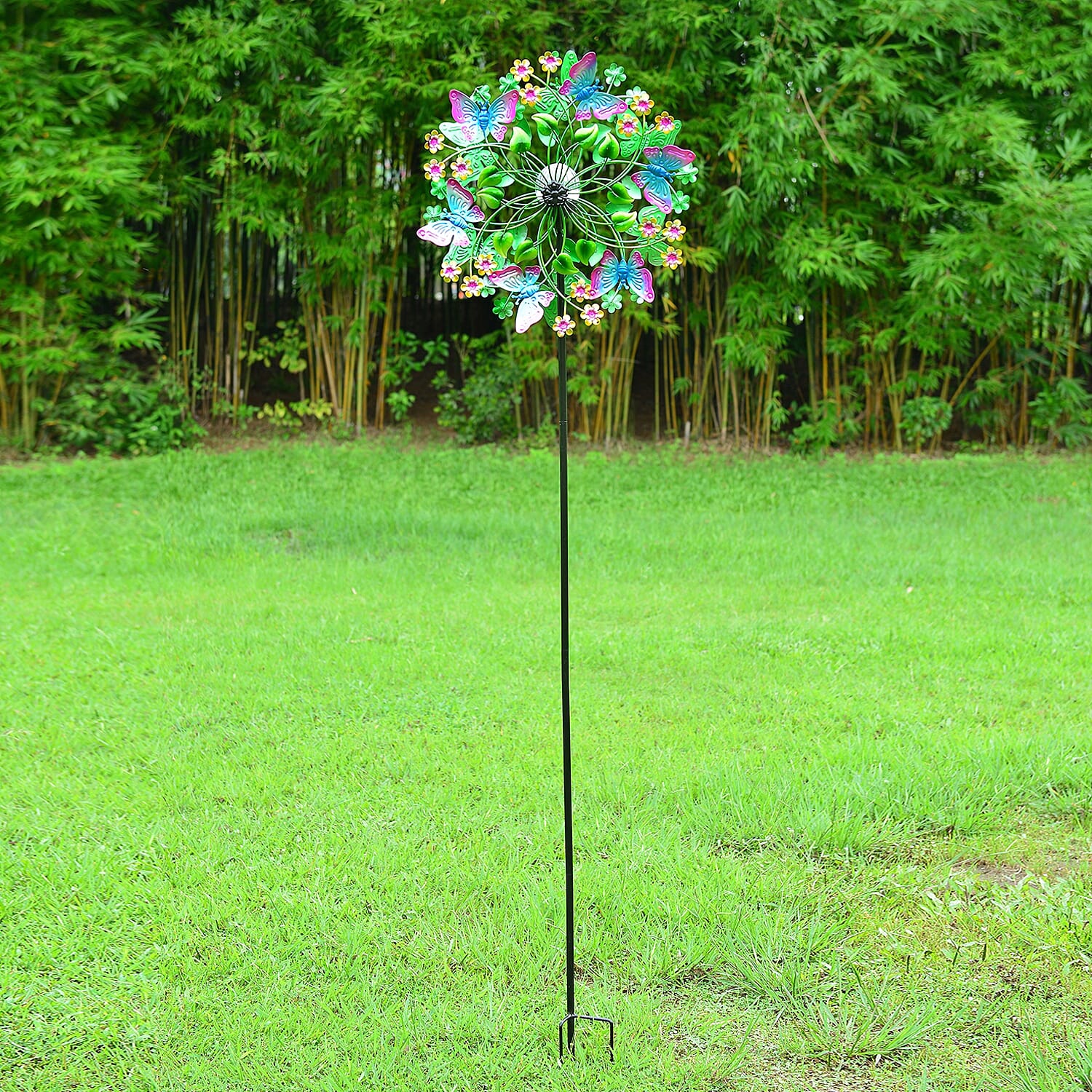 Hand Painted Multi Colour Butterfly Wind Spinner with Solar LED Light (Height 1.8 meter) - Multi