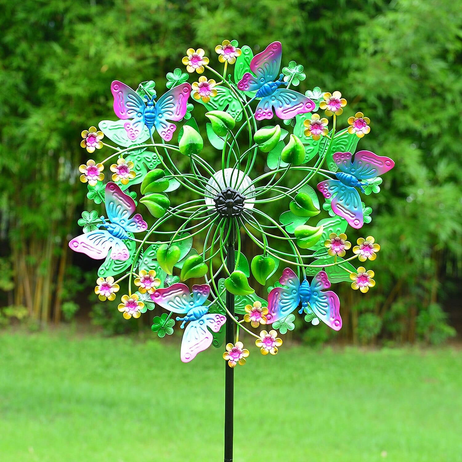 Hand Painted Multi Colour Butterfly Wind Spinner with Solar LED Light (Height 1.8 meter) - Multi