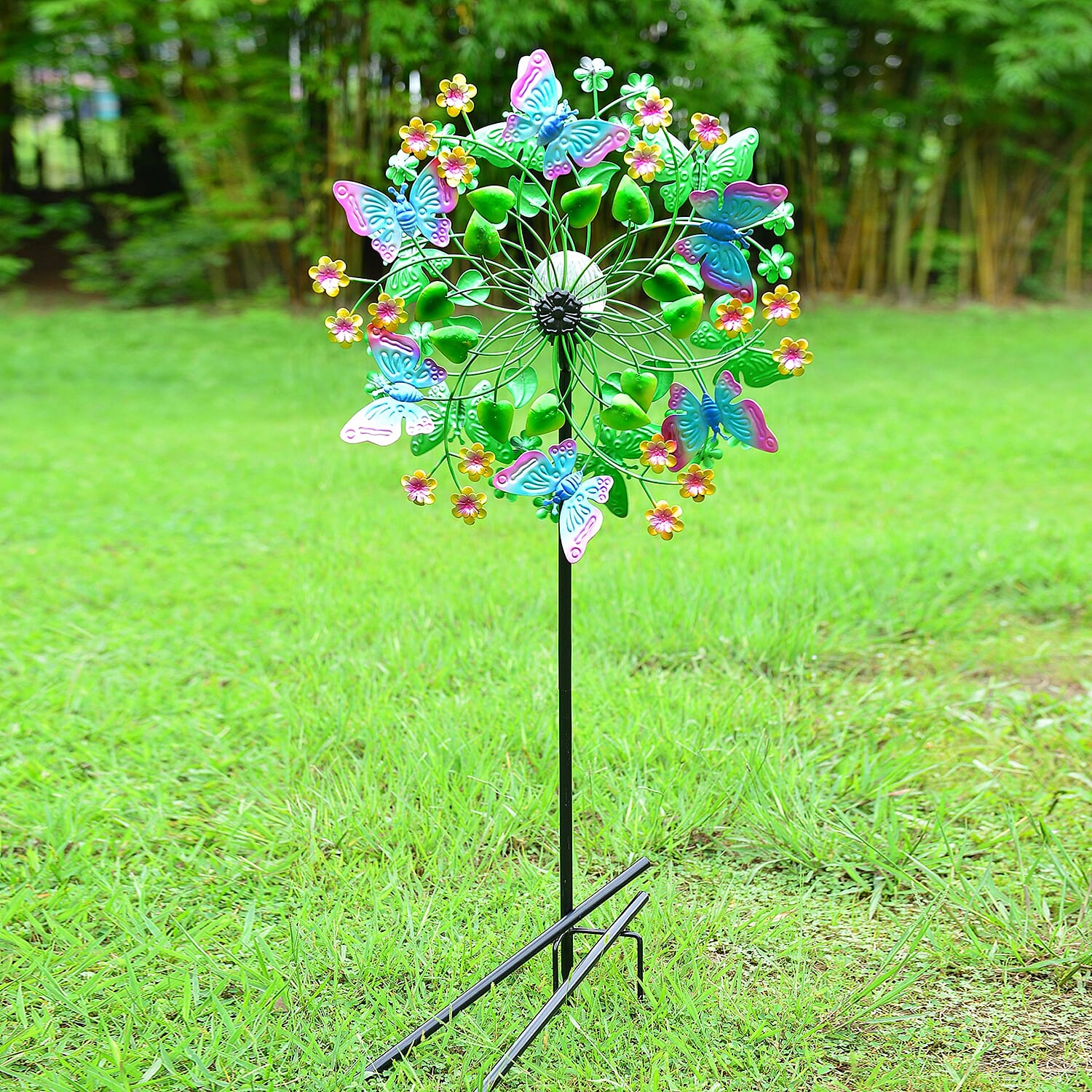 Hand Painted Multi Colour Butterfly Wind Spinner with Solar LED Light (Height 1.8 meter) - Multi