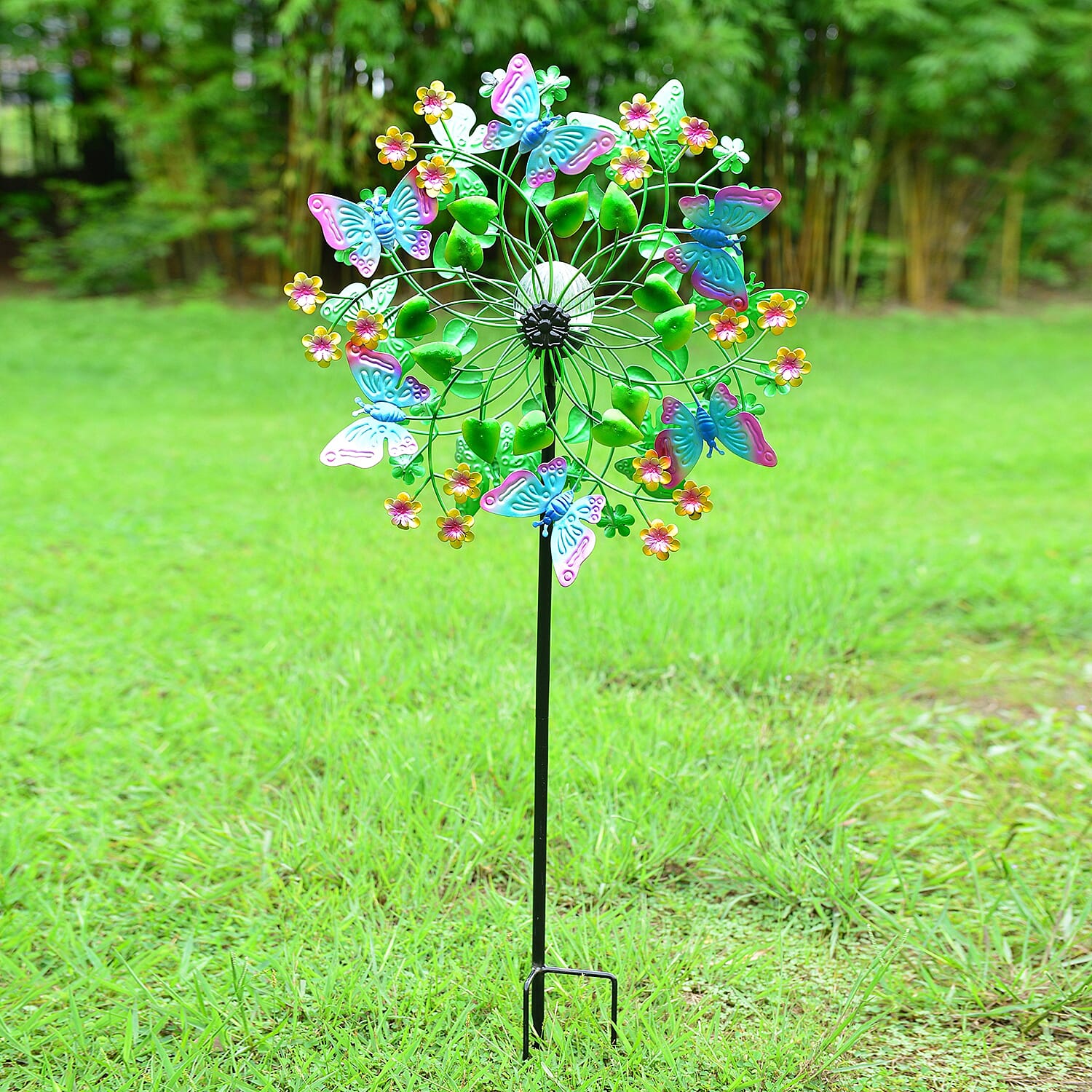 Hand Painted Multi Colour Butterfly Wind Spinner with Solar LED Light (Height 1.8 meter) - Multi