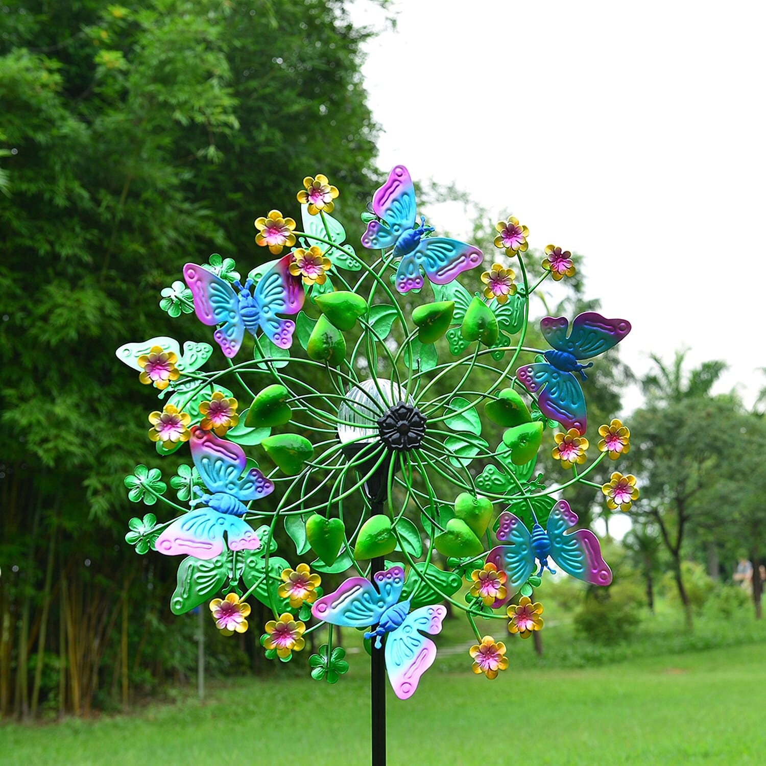 Hand Painted Multi Colour Butterfly Wind Spinner with Solar LED Light (Height 1.8 meter) - Multi
